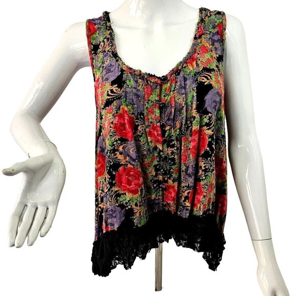 Black Lace Eyelet Flowy Wildflower Sleeveless Top Button Loop Close Women S/M - Picture 1 of 8